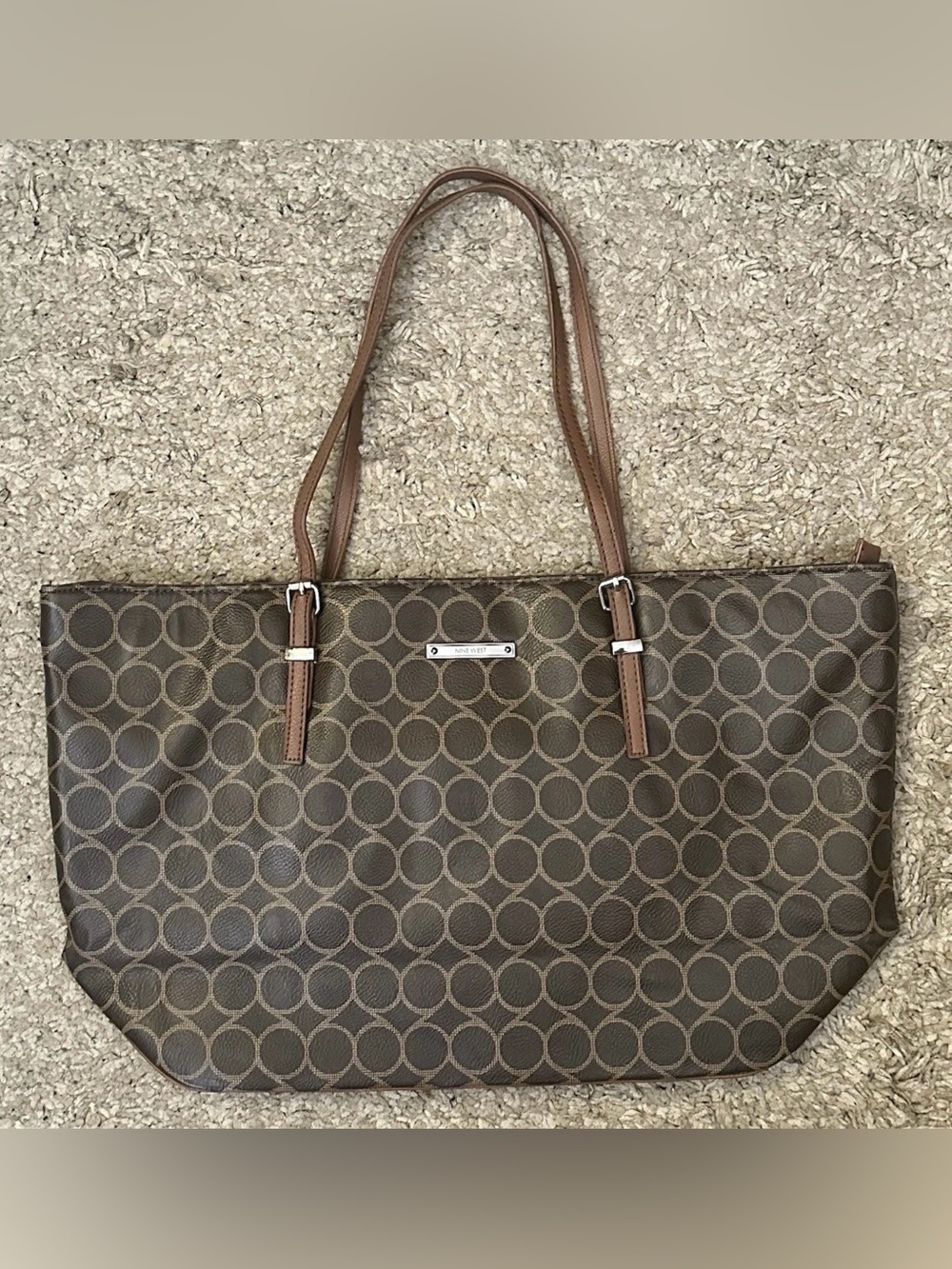 Nine West Brown Large Faux Leather Top Zip 3-Comp. Shoulder Bag w/ Top Handles